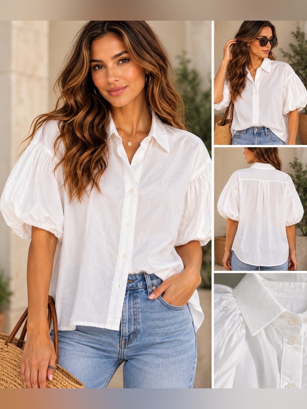 AYR White Cotton Puff Sleeve Button Down Shirt Balloon Sleeve Quiet Luxury